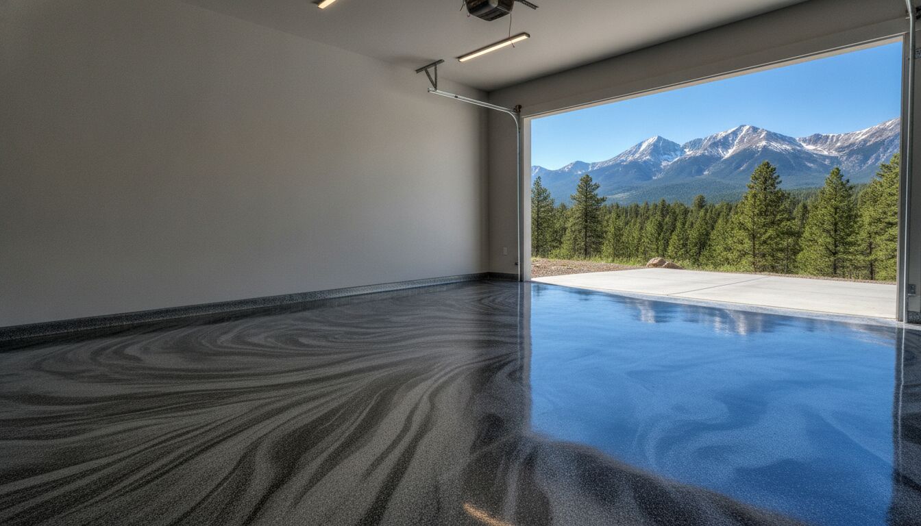 Glossy metallic-flake polyurea garage floor with mountain view